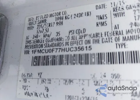 2017 Ford Escape S z USA, uszkodzony, nr VIN 1FMCU0F77HUC35615